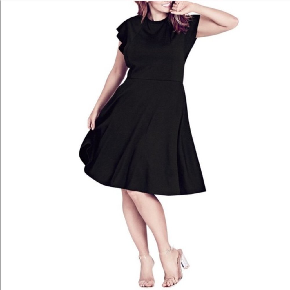 City Chic Frill Shoulder Black Ruffle Sleeve Dress L (20)